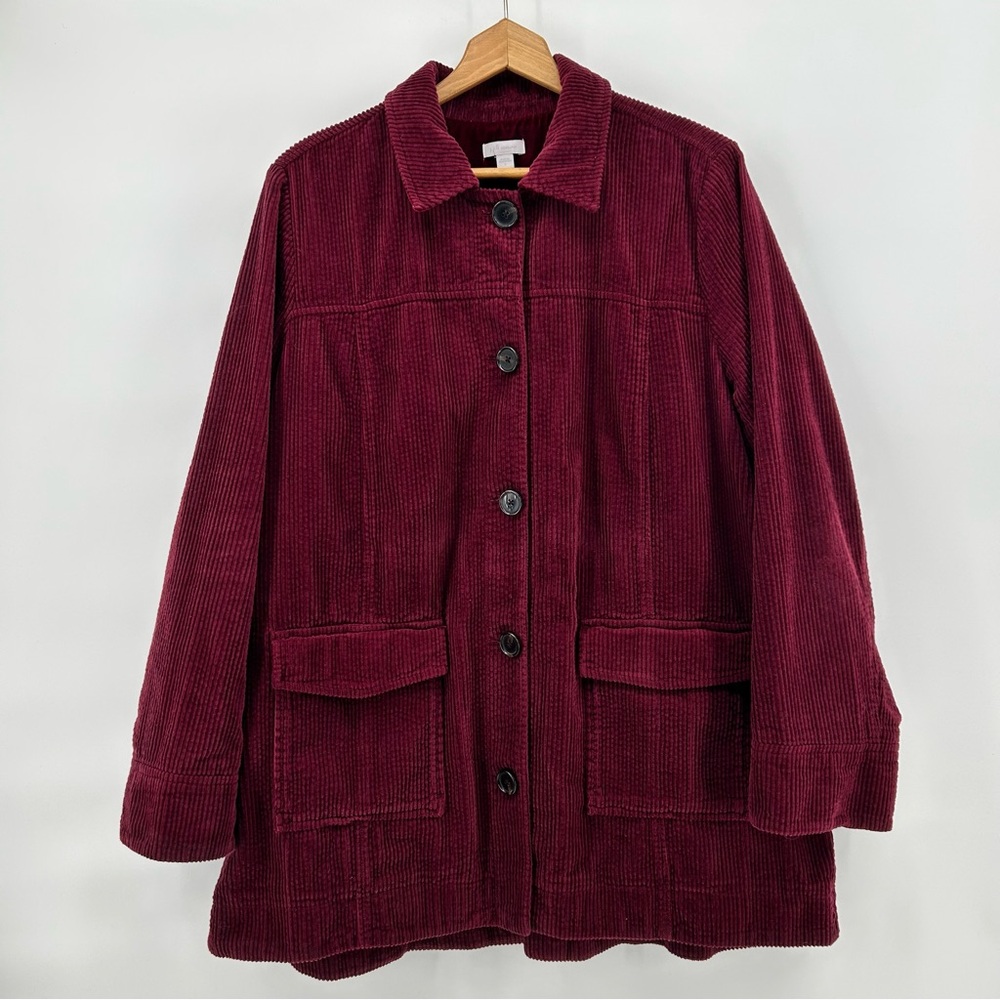 J Jill Womens Corduroy Jacket Shacket Burgundy Velvet Cuffs Size L Pleated